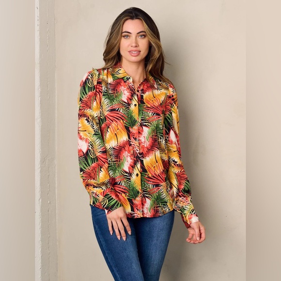 045 Ovi Women’s Long Sleeve Button Up Leaf Print Blouse - Picture 2 of 7